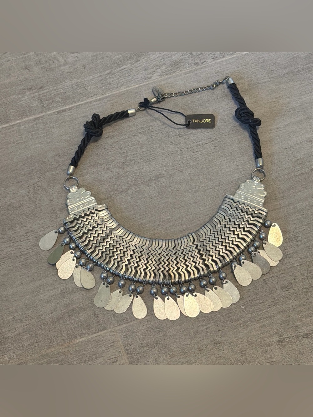 NWT Tanjore Silver-Tone Statement Bib Necklace - Black Cord